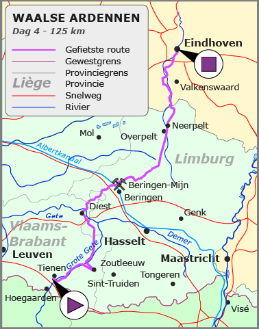 Kaart fietsroute tussen Tienen en Eindhoven